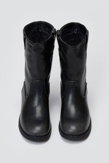 Black leather mid-calf boots with round toe and block heel, pair in top-down view on a light grey background