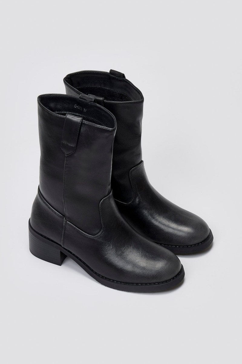Black leather mid-calf boots with block heel and side panel, pair in angled view on a light grey background