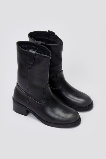 Black leather mid-calf boots with block heel and side panel, pair in angled view on a light grey background