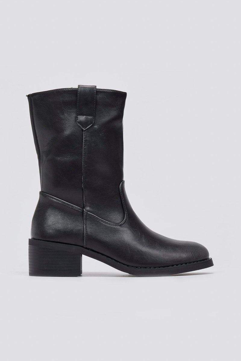 Black leather mid-calf boots with block heel and pull tab, side view on a light grey background