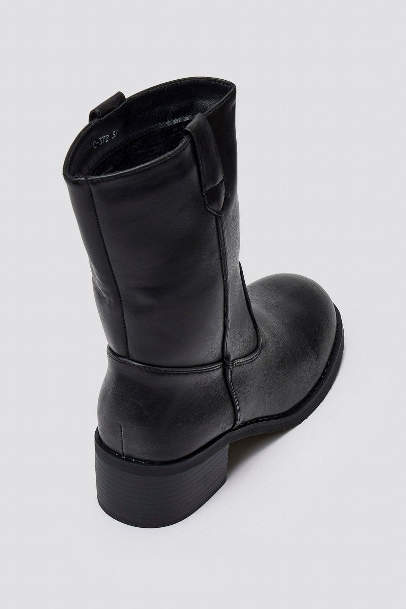 Black leather mid-calf boot with round toe and block heel, angled view on a light grey background