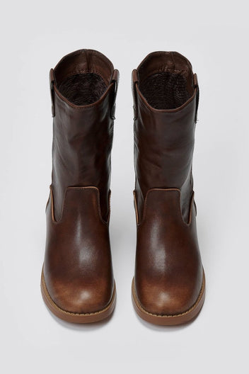 Brown leather mid-calf boots with round toe and block heel, pair in front view on a light grey background