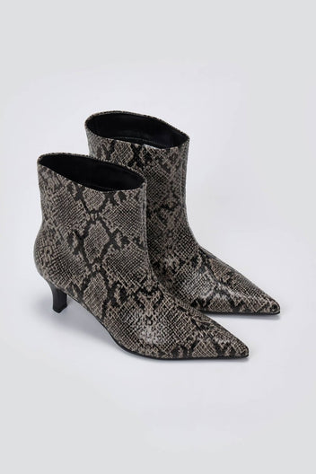 Grey snake-embossed leather ankle boots with pointed toe and kitten heel, pair in angled view on a light grey background