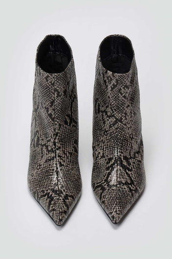 Grey snake-embossed leather ankle boots with pointed toe, pair in top-down view on a light grey background