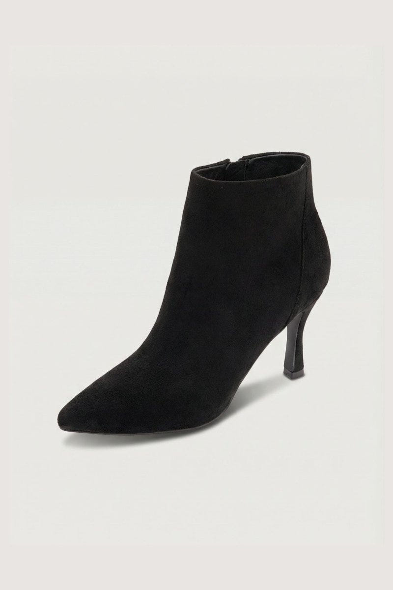 Black suede pointed-toe ankle boots with stiletto heel and side zip, pair in angled view on a light grey background