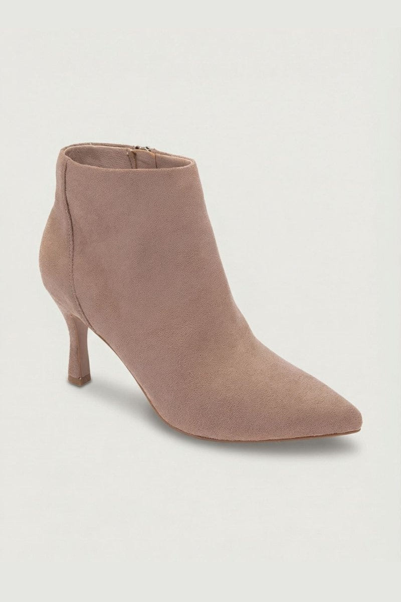 Taupe suede pointed-toe ankle boot with stiletto heel, angled view on a light grey background