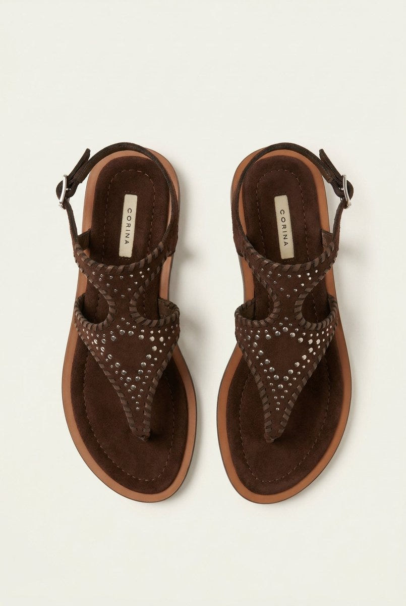 CORINA - Ankle Strap Sandals with Studs - Brown Suede