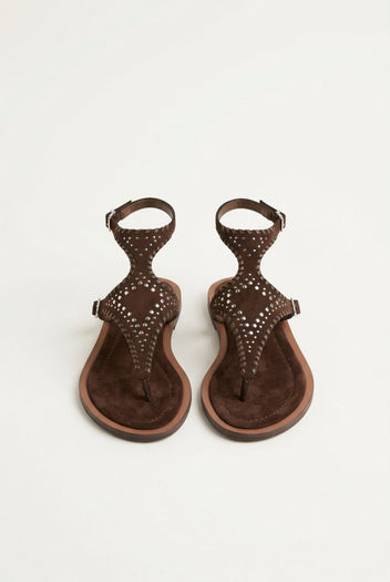 CORINA - Ankle Strap Sandals with Studs - Brown Suede