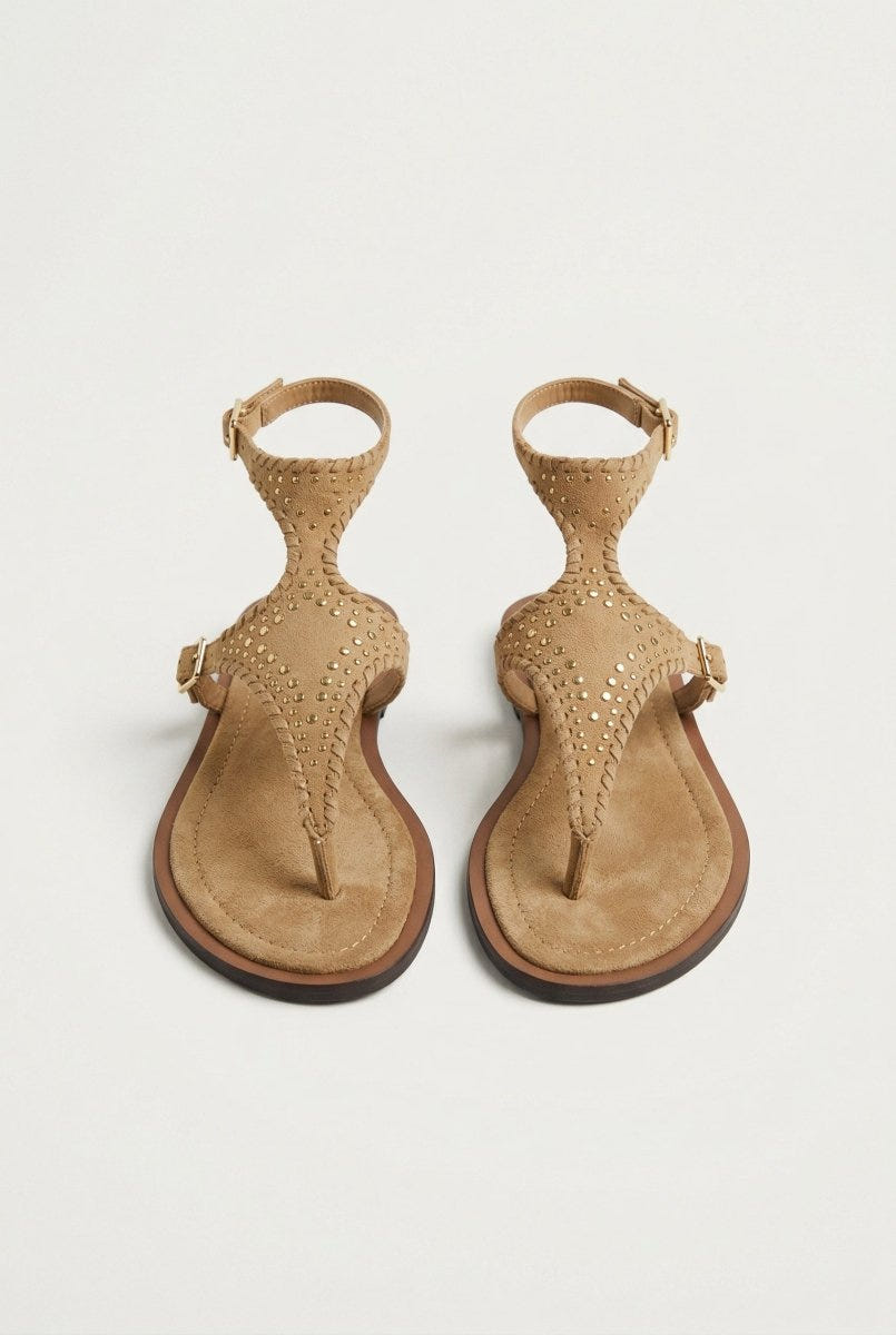 CORINA - Ankle Strap Sandals with Studs - Camel Suede