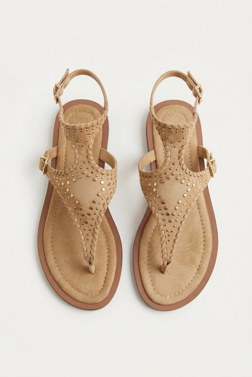 CORINA - Ankle Strap Sandals with Studs - Camel Suede