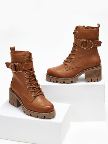 Tan leather lace-up ankle boots with block heel and buckle detail, pair in angled view on a white background