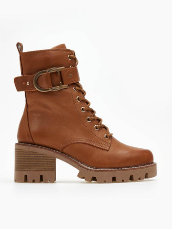 Tan leather lace-up ankle boot with block heel and buckle detail, side view on a white background