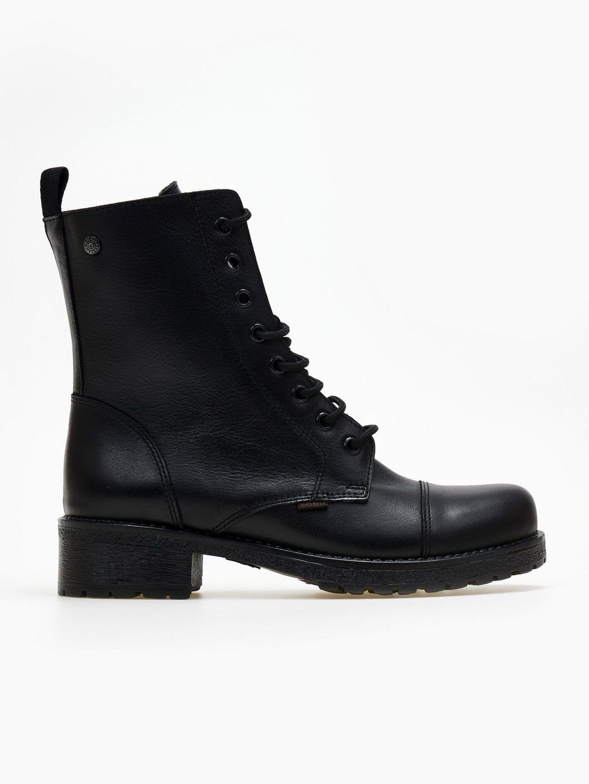 Black leather lace-up ankle boot with block heel, side view on a white background