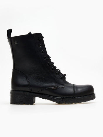 Black leather lace-up ankle boot with block heel, side view on a white background