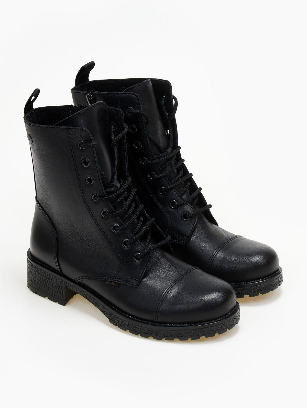 Black leather lace-up ankle boots with side zip and cap toe, pair in angled view on a light background
