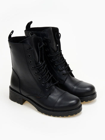 Black leather lace-up ankle boots with side zip and cap toe, pair in angled view on a light background