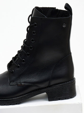 Black leather lace-up ankle boot with block heel, close view on a light background