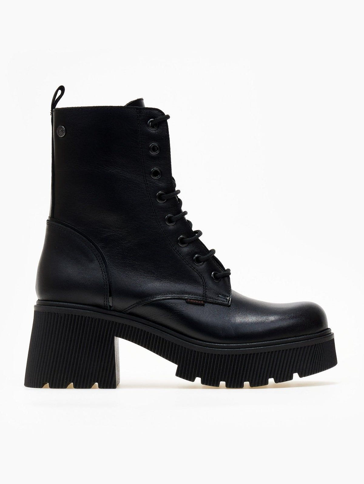 Black leather lace-up platform ankle boot with block heel and lug sole, side view on a white background