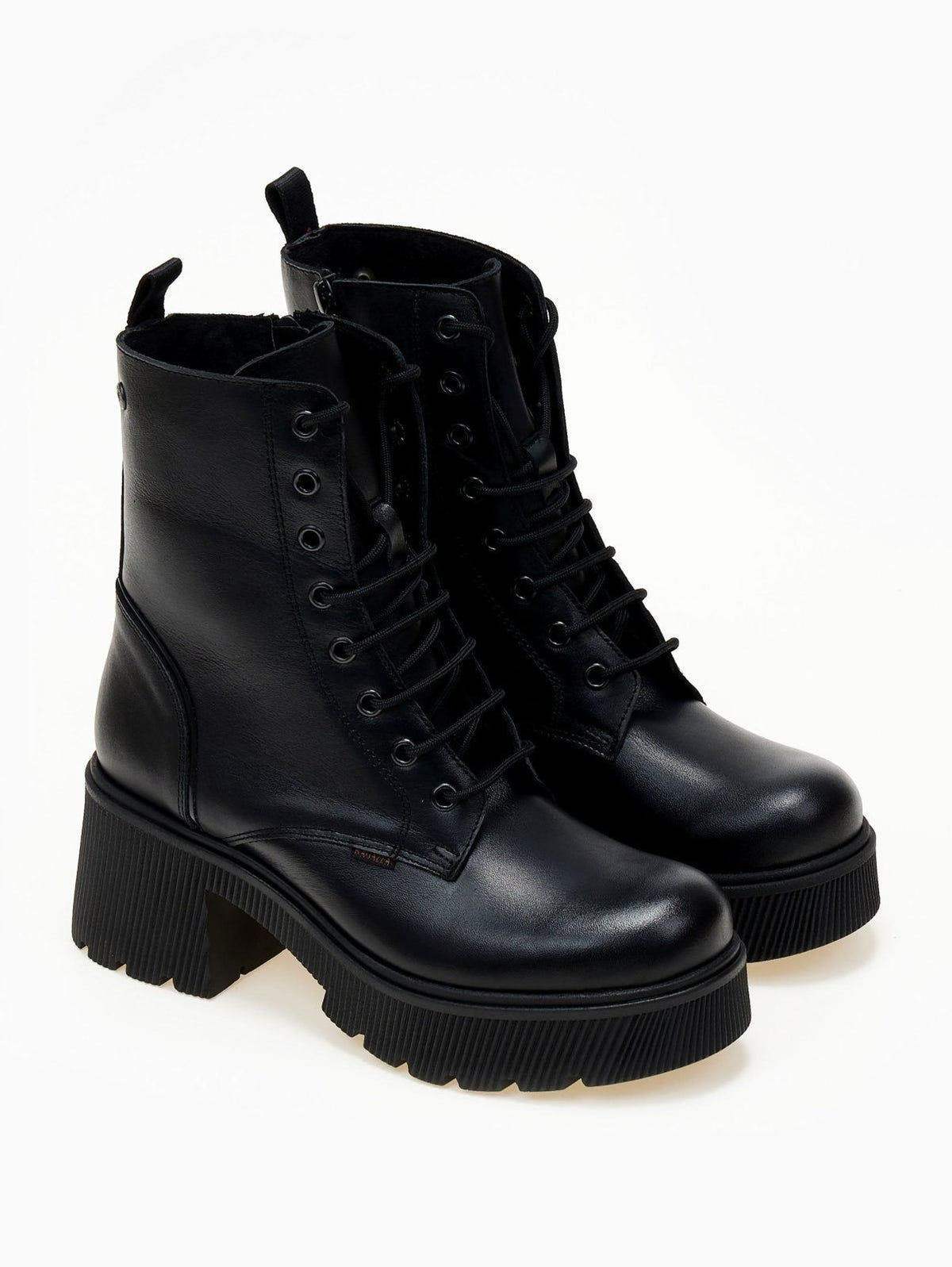 Black leather lace-up platform ankle boots with block heel and lug sole, pair in angled view on a light background