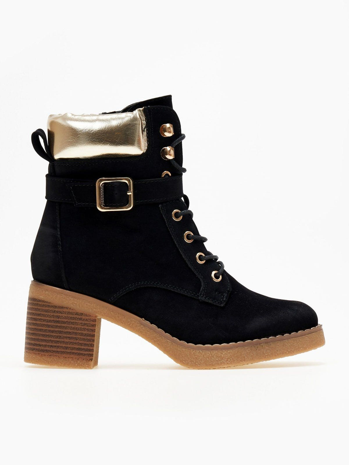 Black lace-up ankle boots with gold padded collar, buckle strap, crepe sole and block heel, side view