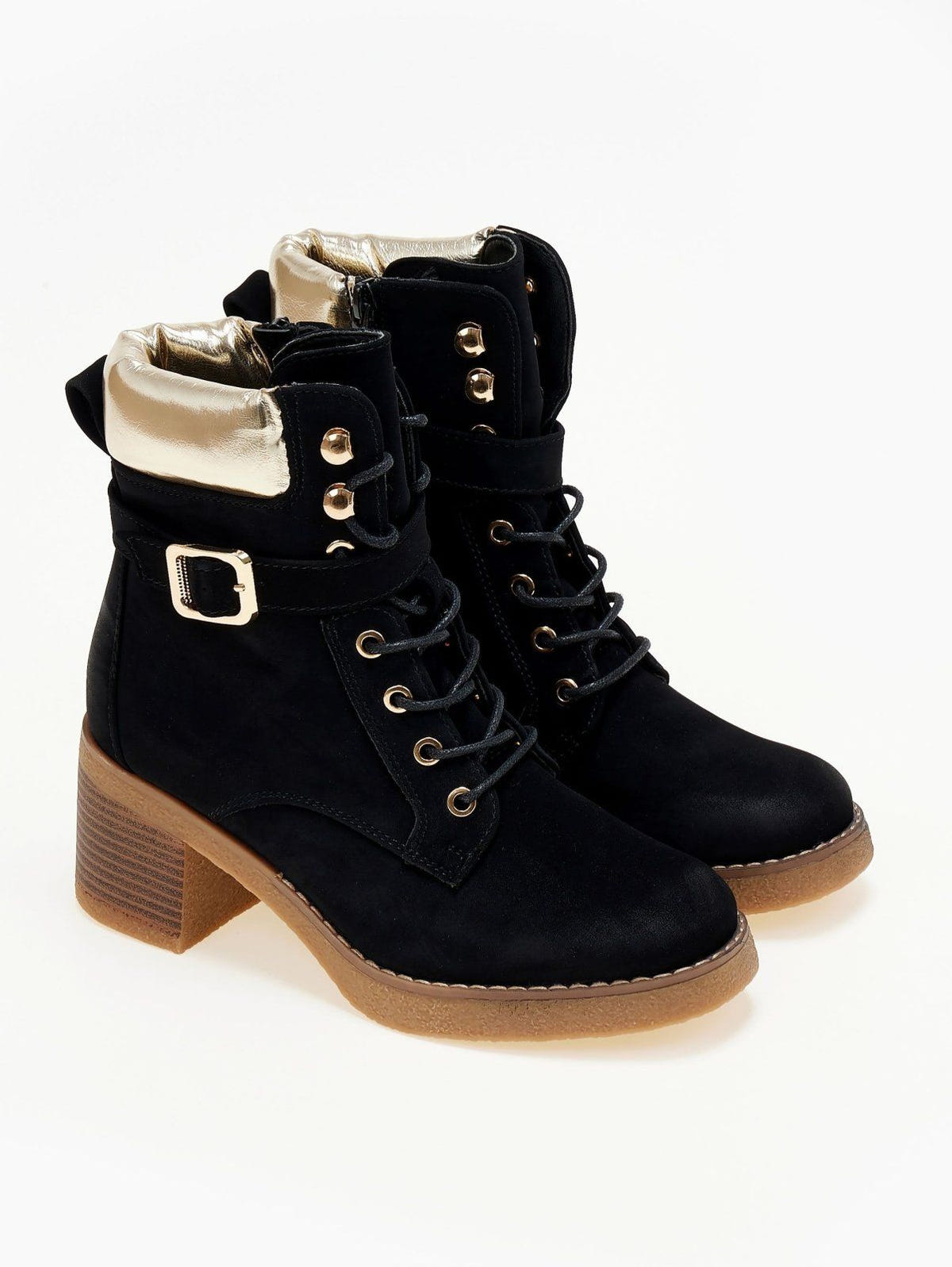 Pair of black lace-up ankle boots with gold padded collar, buckle strap and crepe sole, three-quarter view