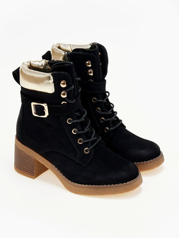 Pair of black lace-up ankle boots with gold padded collar, buckle strap and crepe sole, three-quarter view
