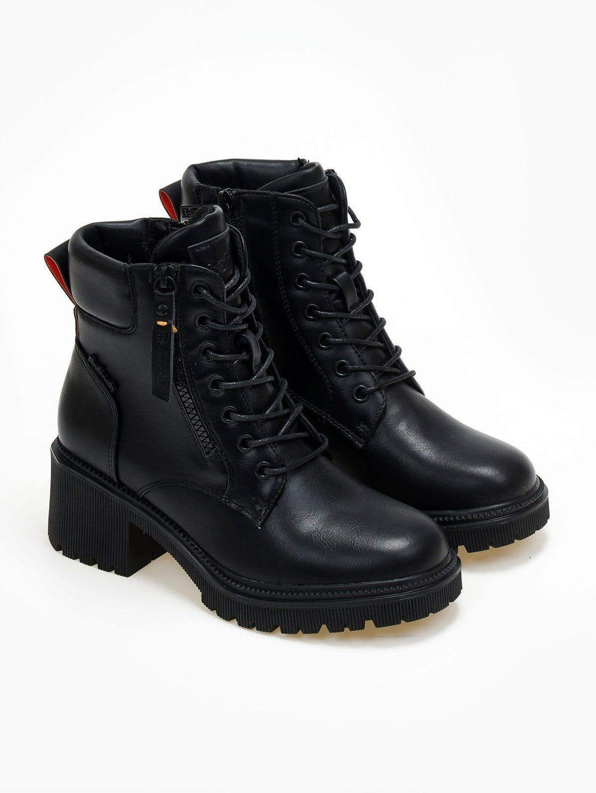 Pair of black leather lace-up ankle boots with block heel and zip detail on a white background