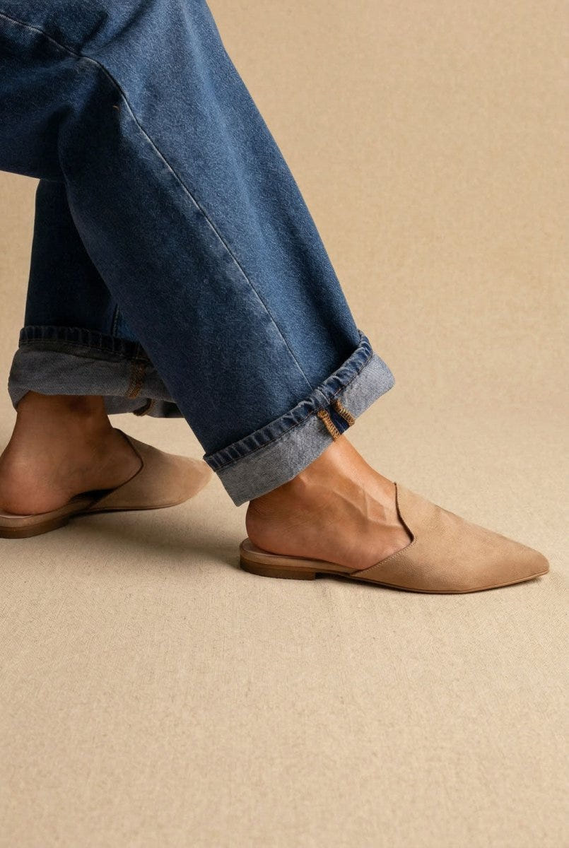 TFP - Asymmetric Pointed Flat Mules - Biscuit Suede
