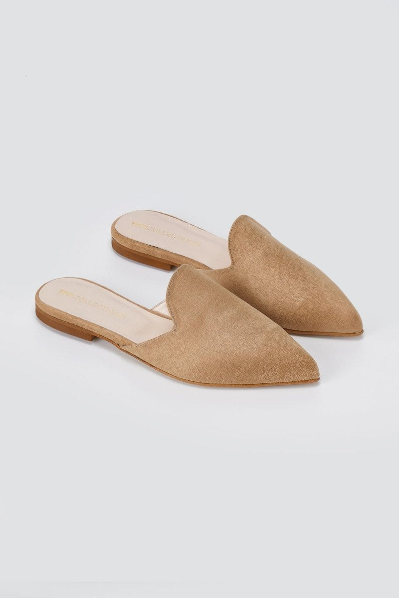TFP - Asymmetric Pointed Flat Mules - Biscuit Suede