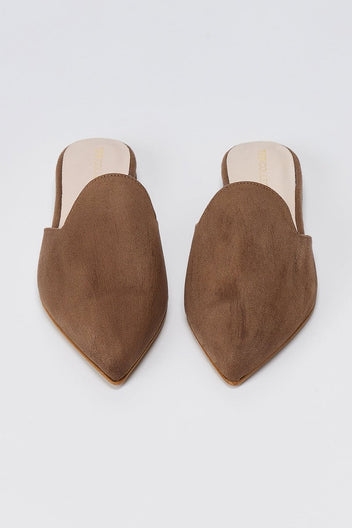 TFP - Asymmetric Pointed Flat Mules - Brown Suede