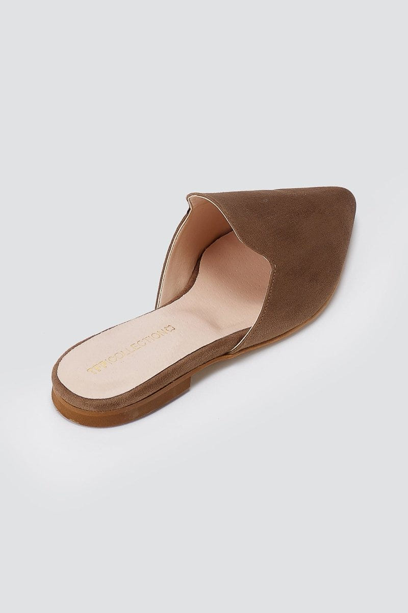 TFP - Asymmetric Pointed Flat Mules - Brown Suede