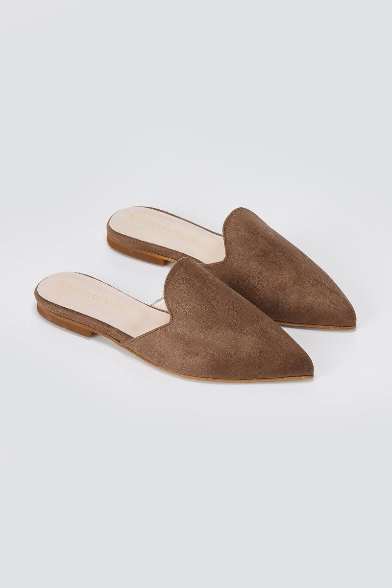TFP - Asymmetric Pointed Flat Mules - Brown Suede