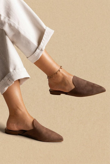 TFP - Asymmetric Pointed Flat Mules - Brown Suede