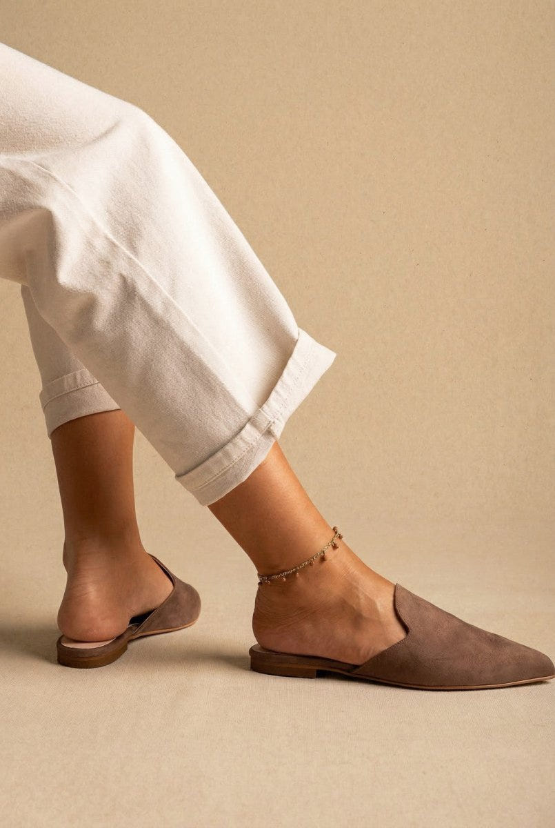 TFP - Asymmetric Pointed Flat Mules - Brown Suede