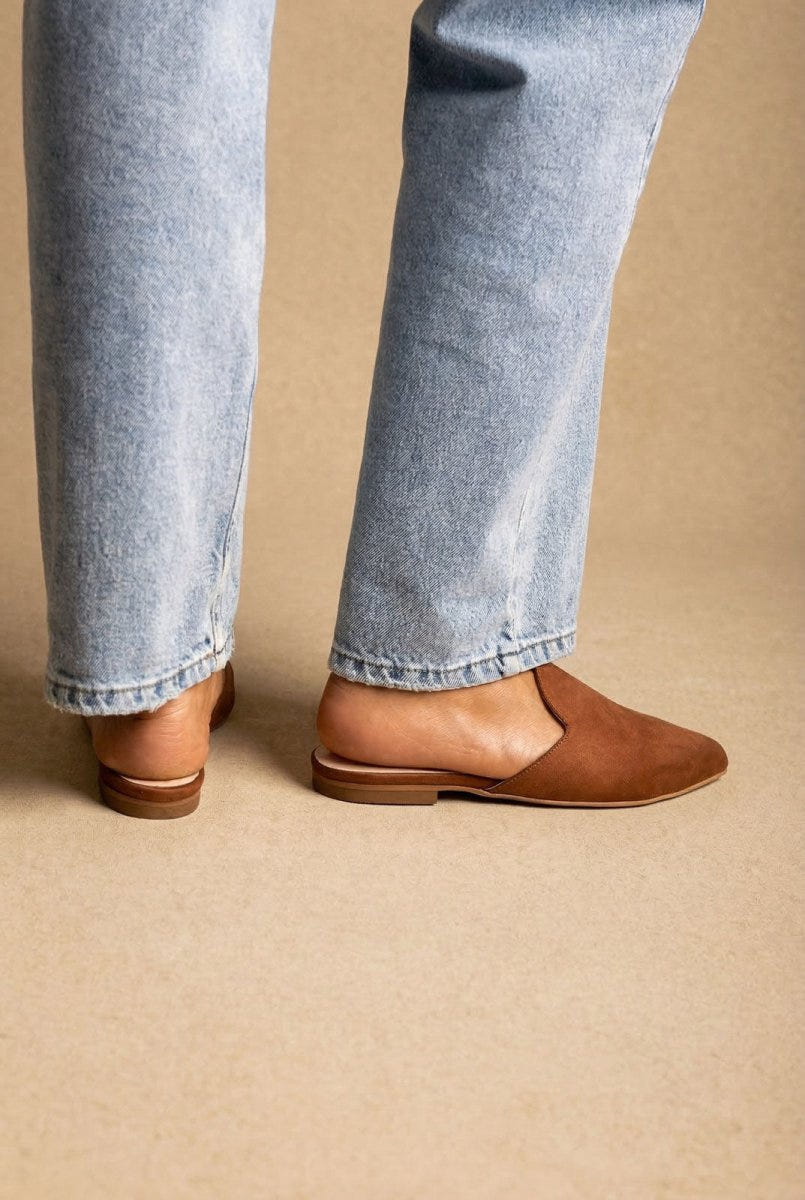 TFP - Asymmetric Pointed Flat Mules - Tan Suede