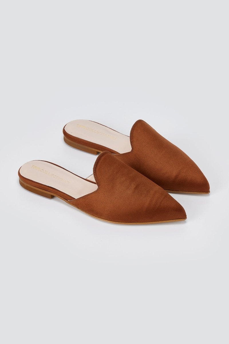 TFP - Asymmetric Pointed Flat Mules - Tan Suede