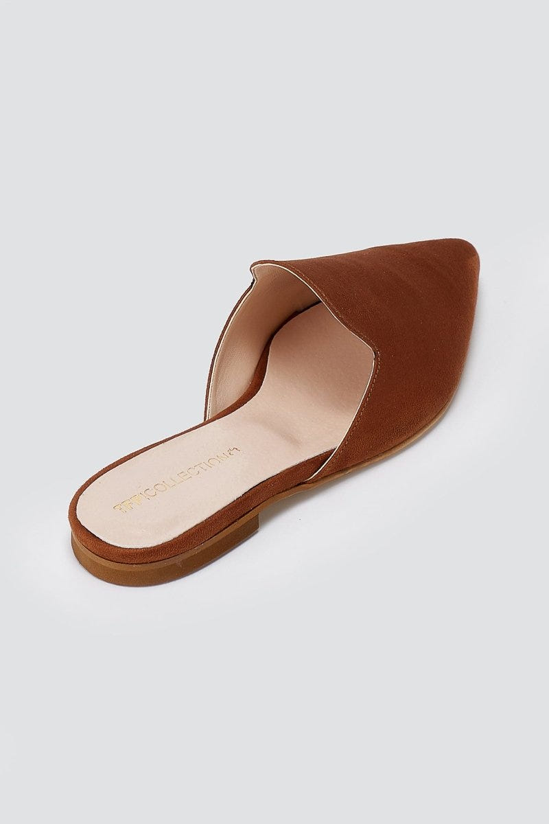 TFP - Asymmetric Pointed Flat Mules - Tan Suede