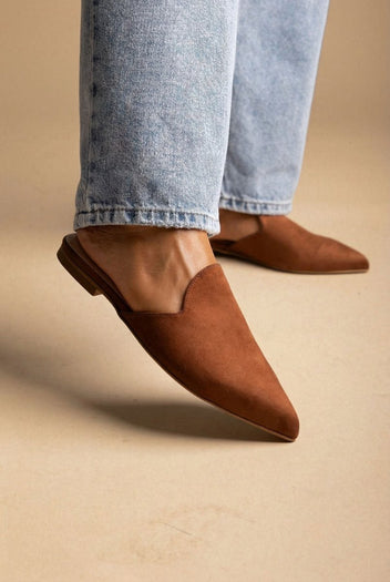 TFP - Asymmetric Pointed Flat Mules - Tan Suede