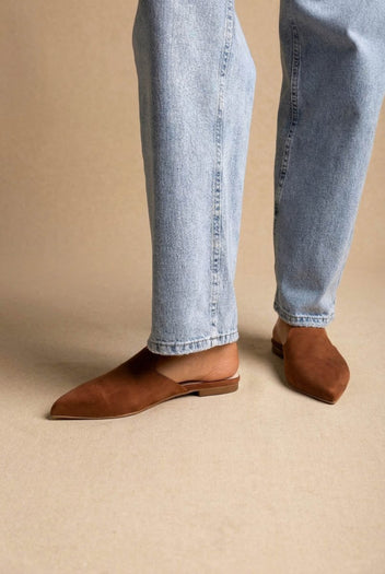 TFP - Asymmetric Pointed Flat Mules - Tan Suede