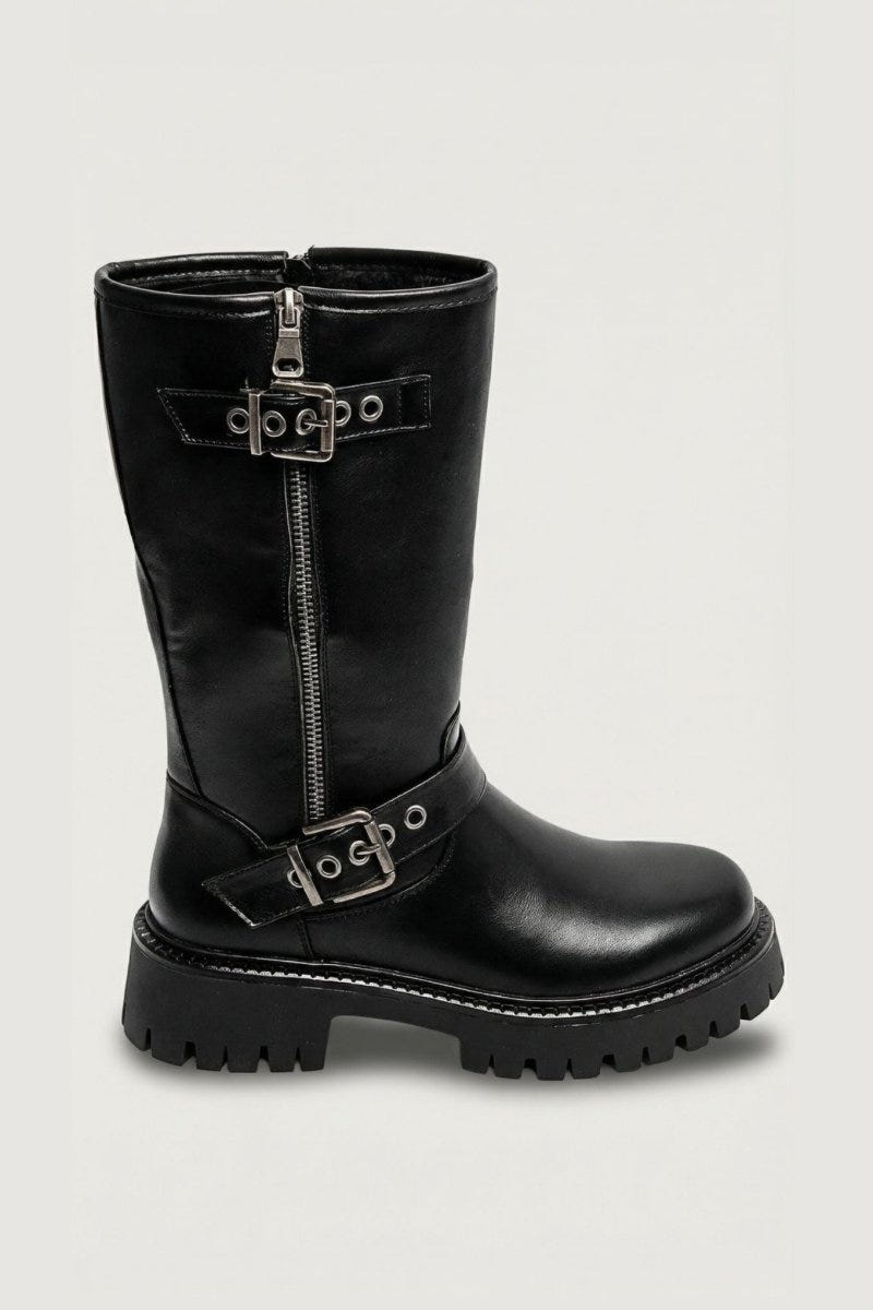 Black leather knee-high boot with buckle straps and side zip, side view on light grey background