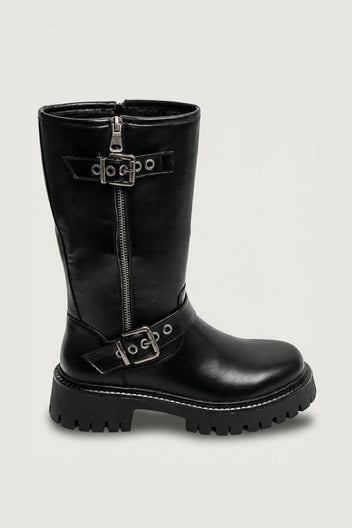 Black leather knee-high boot with buckle straps and side zip, side view on light grey background