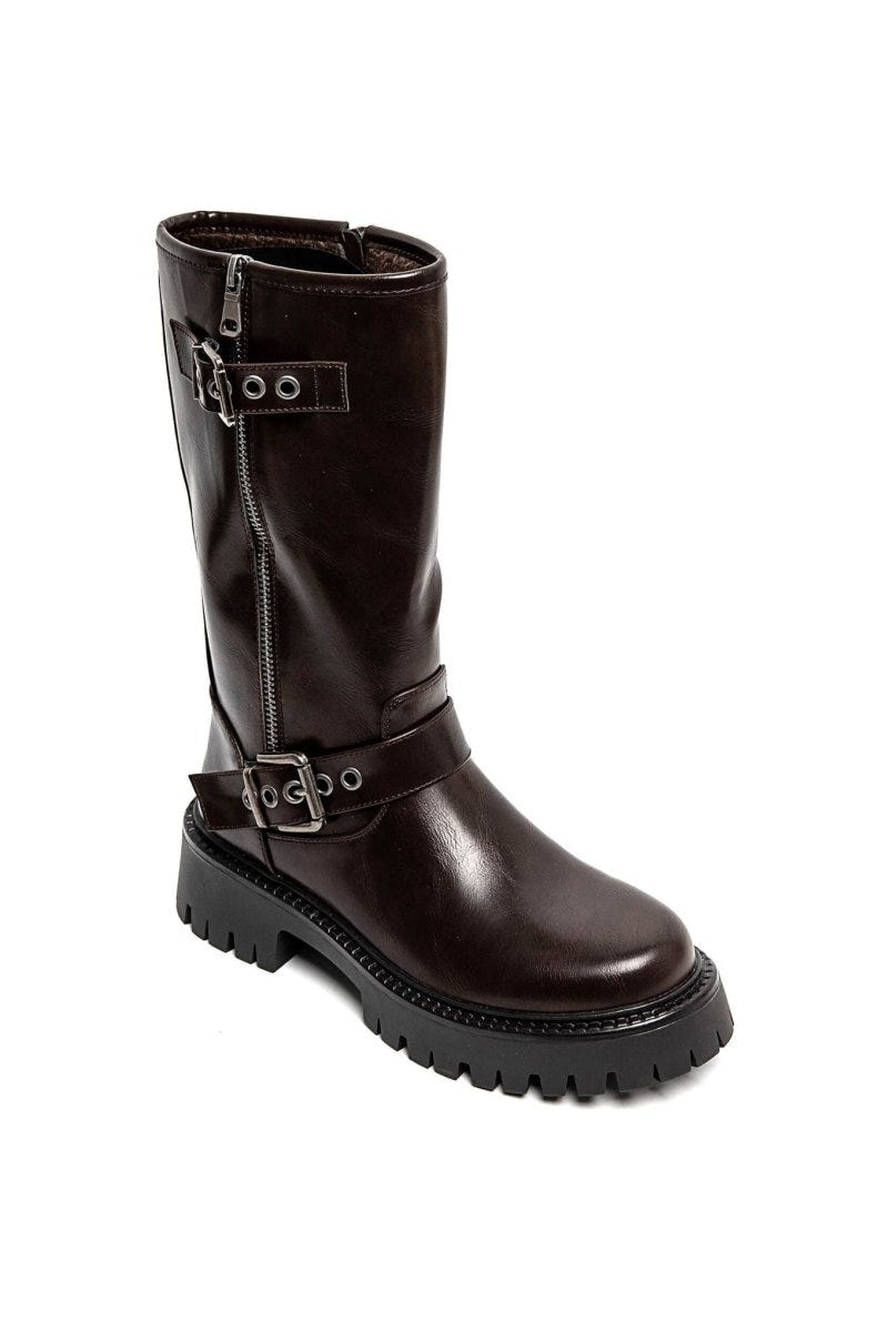 Brown leather knee-high boot with buckle straps and lug sole, angled view on white background