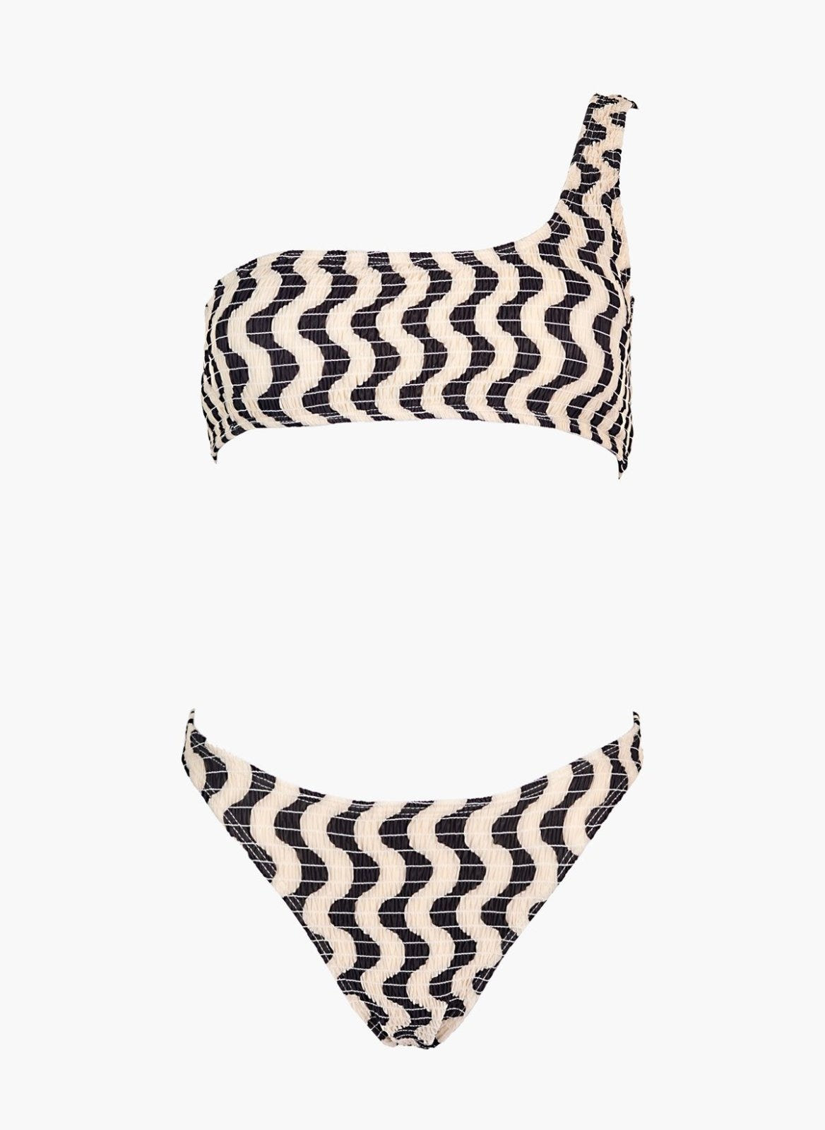 Brown and cream zigzag print one-shoulder bikini top and printed bikini bottom, laid flat on white background