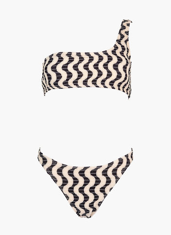Brown and cream zigzag print one-shoulder bikini top and printed bikini bottom, laid flat on white background