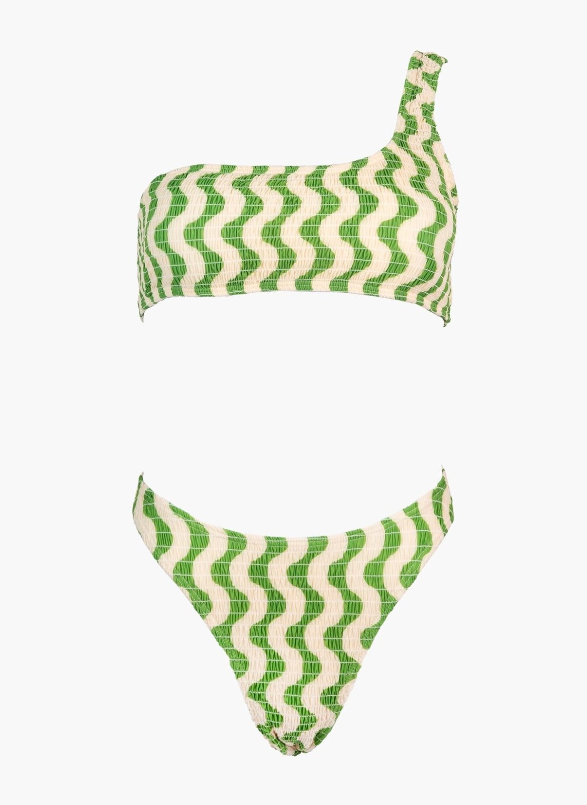 Green and cream zigzag print one-shoulder bikini top and printed bikini bottom, laid flat on white background