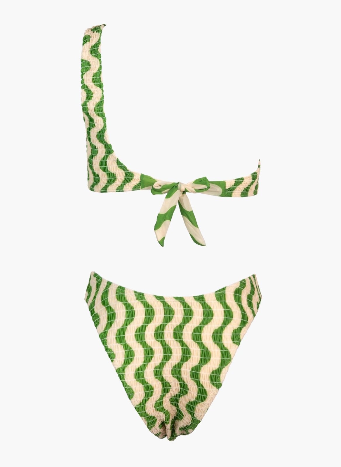 Green and cream zigzag print one-shoulder bikini top with tie detail and printed bikini bottom, laid flat on white