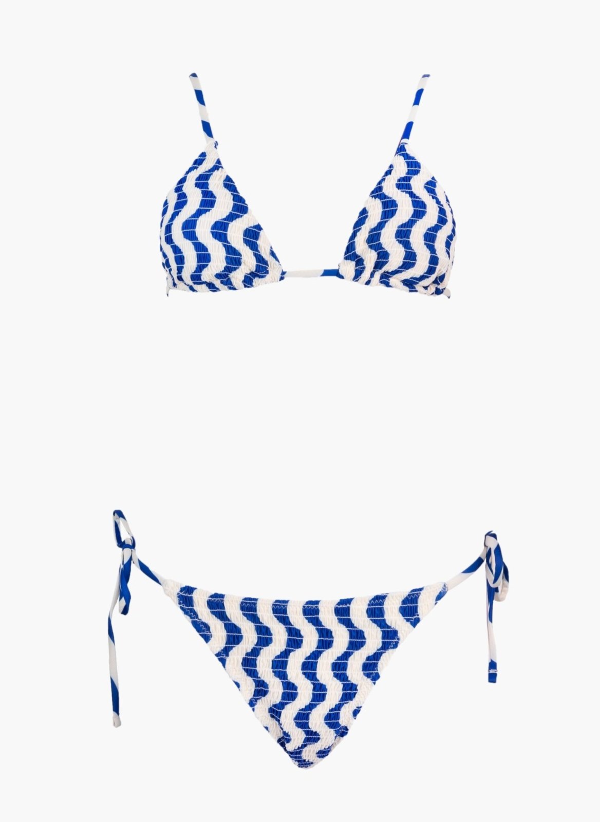 Blue and white zigzag print triangle bikini top and matching side-tie bikini bottom, laid flat on white background