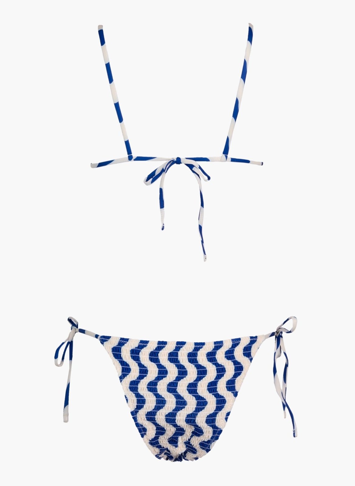 Blue and white zigzag print string bikini top with tie back and matching side-tie bikini bottom, laid flat