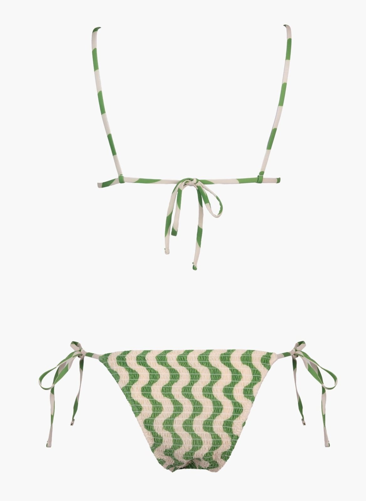 Green and cream zigzag print string bikini top with tie back and matching side-tie bikini bottom, laid flat