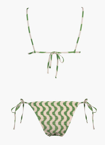 Green and cream zigzag print string bikini top with tie back and matching side-tie bikini bottom, laid flat